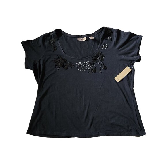 NWT IE WOMAN Black Beaded Short Sleeve Top 1X - Picture 1 of 3